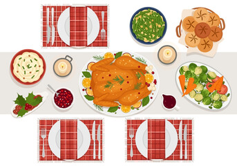 Festive holiday table setting featuring a cooked turkey side dishes and place settings on a white tablecloth