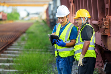 Locomotive Front Inspection by Engineer Teamwork Professional Team Railway Maintenance Two Technician Collaborating on Train Track Engine Train Coupling System, locomotive check by worker rail engine