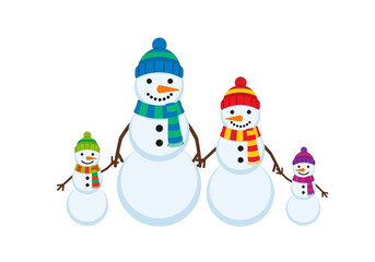 Four snowmen stand in a row holding hands wearing hats and scarves