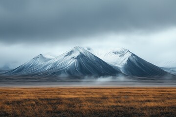 Obraz premium Moody photograph of Arctic mountains covered with snow, captured from a low angle under overcast skies. The landscape features beige and grey tones, evoking a cold and dramatic atmosphere of isolation