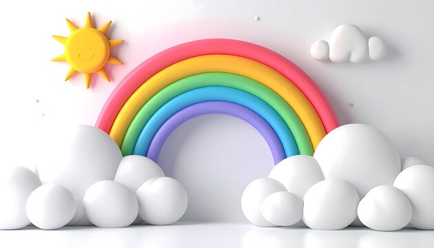 A vibrant 3D rendering of a whimsical scene featuring a colorful rainbow arching over fluffy white clouds and a smiling yellow sun