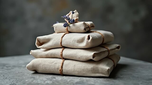 Stack of eco-friendly wrapped gifts on a rustic table, perfect for sustainable celebrations.