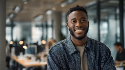 Cheerful young man smiles confidently in a modern office environment.