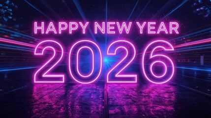 Obraz premium Happy New Year 2026 Neon Sign in Futuristic Synthwave Style