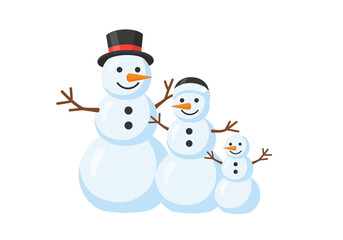 Three snowmen of varying sizes stand adjacent to each other on a white background
