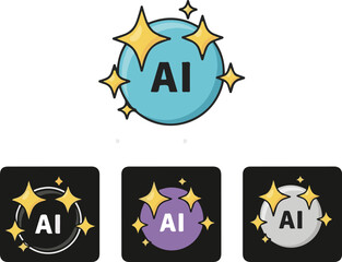 Cartoon AI Icon with Stars and Circles in Multiple Color Options