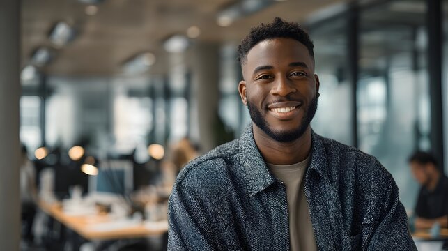 Cheerful young man smiles confidently in a modern office environment.