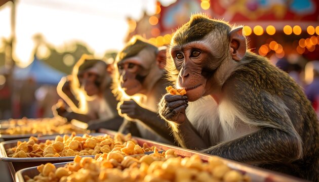 A trio of monkeys enjoy a snack from trays of golden popcorn at an outdoor festival illuminated by the warm light