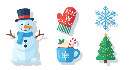 Festive Winter Holiday Icons Set Featuring Snowman, Mitten, Hot Cocoa, Snowflake, and Christmas Tree, Perfect for Seasonal Greetings and Decoration Projects.