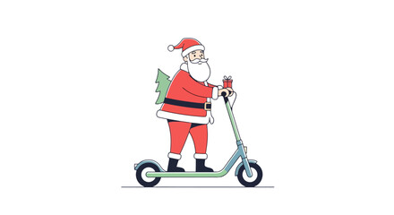 Santa Claus on Electric Scooter Delivering Christmas Gifts, showcasing holiday spirit and modern transportation for seasonal promotions and festive illustrations
