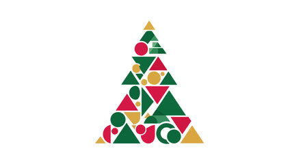 Geometric Christmas Tree Illustration Featuring Red, Green, and Gold Shapes on White Background for Holiday Greetings and Festive Design Projects