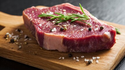 Close-up of raw beef on a wooden surface, showcasing freshness and culinary appeal.
