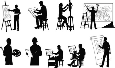 Silhouettes of artists painting, drawing, sculpting, designing, using easels and tablets, showcasing creative professions, fine art, digital and traditional techniques