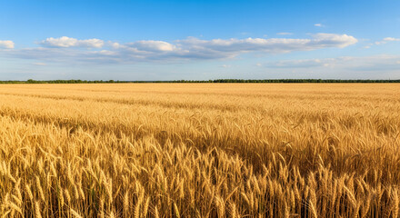 Obraz premium Golden wheat field stretches to the horizon under a vast blue sky with fluffy clouds, evoking abundance and nature's bounty.