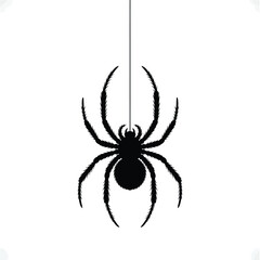 Black silhouette of a spider hanging from a thin thread