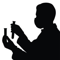 Silhouette of a scientist in a mask holding test tubes in a lab