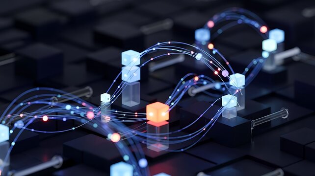 Futuristic Digital Illustration of a Network of Glowing Neon-Blue Data Points over a Cyber Cityscape, Interconnected Geometric Nodes with Spiral Formation and Advanced Technology