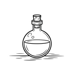 Hand drawn illustration of a round glass potion bottle with cork stopper