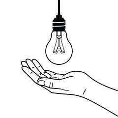 Hand reaching up towards a hanging light bulb