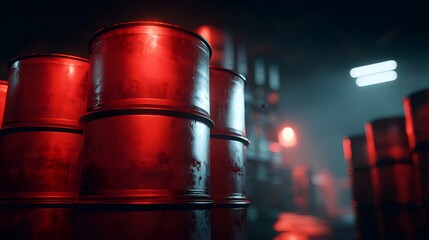 Stacks of rusted industrial barrels glow under red and blue lights.
