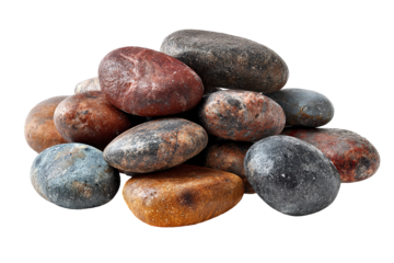 This is a pile of smooth, rounded pebbles placed against a transparent background. The stones vary in color, including shades of gray, reddish-brown, orange, and black. Each stone appears naturally po