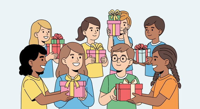 A diverse group of happy children exchanging colorful wrapped gift boxes in a flat vector illustration style.