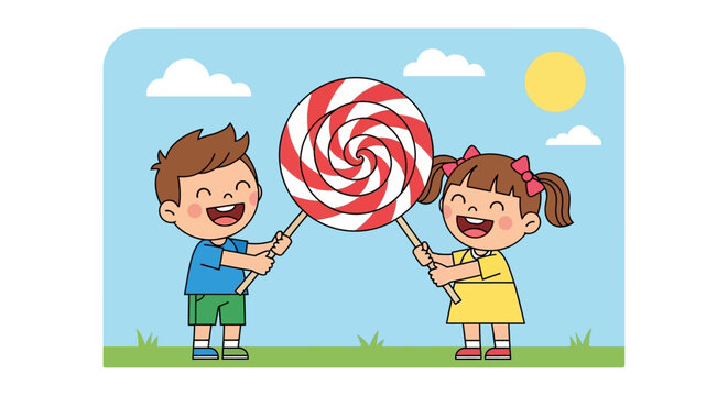 A happy cartoon boy and girl sharing a giant red and white swirl lollipop outdoors on a sunny day.
