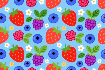 Cute Berry Medley Seamless Pattern, Summer Fruit Cartoon Background