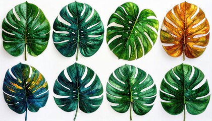 Pixelated Monstera Leaves in Various Green and Gold Hues on White Background