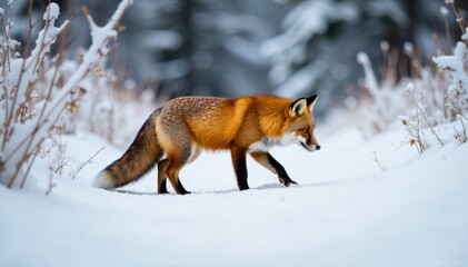 Obraz premium A red fox trotting gracefully through a snowy landscape during a soft snowfall, its fur contrasting with the white. A dynamic shot of a red fox in mid stride, trotting through a pristine, snow covered