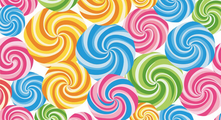 A vibrant and colorful seamless background pattern of swirled lollipops.