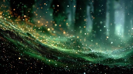 A mesmerizing abstract scene featuring swirling green waves and sparkling particles, creating an ethereal and captivating atmosphere, blurred green background for Christmas