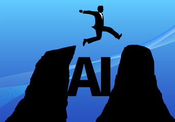 AIの崖を飛び越えるビジネスマンのシルエット
