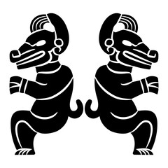 Symmetrical indigenous design with two fantastic animals. Ethnic Native American motif from Veracruz, Mexico. Black and white silhouette.