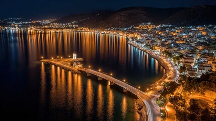  Aerial View of Illuminated Road and Bridge in Hania, Greece: Golden Stripes on the Dark Canvas of the City