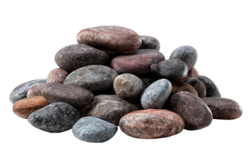 This is a pile of smooth, rounded pebbles placed against a transparent background. The stones vary in color, including shades of gray, reddish-brown, orange, and black. Each stone appears naturally po