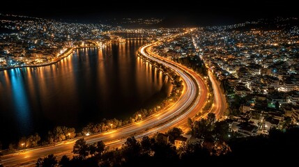  Aerial View of Illuminated Road and Bridge in Hania, Greece: Golden Stripes on the Dark Canvas of the City