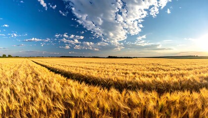 A vast golden wheat field under a vibrant blue sky dotted with fluffy white clouds. The sunlight illuminates the ripening crop