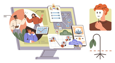 Computer screen with digital tasks, data charts, teamwork, connections, emotions, and personal growth visuals. Ideal for teamwork, productivity, emotions identity management self-care