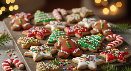 Obraz premium A festive assortment of Christmas-themed cookies, including gingerbread men, candy canes, and star-shaped cookies, artfully arranged on a wooden board with festive bokeh lights in the background.