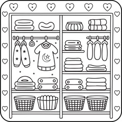 Baby Nursery Closet Illustration – Cute Clothing Line Coloring Sheet for All Ages Printable Design, Vector Illustration.