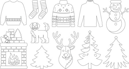 Obraz premium Black and White Outline of Christmas Sweaters, Fireplace, Dog, Snowman, and Christmas Trees