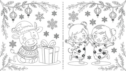 Obraz premium Coloring Page with Chinese New Year Cow, Gift, Girls, Snowflakes, and Lanterns Line Art