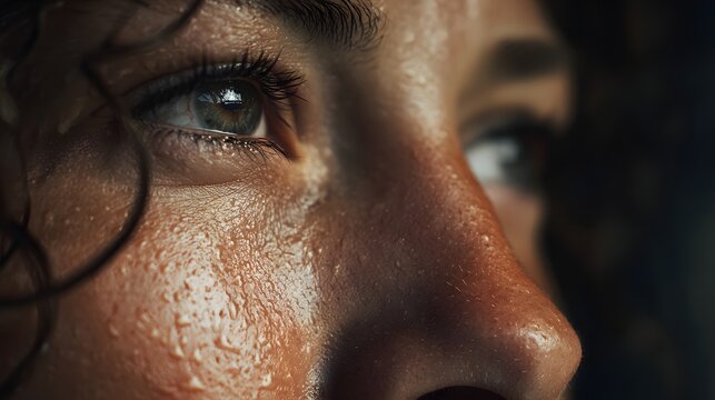 Sweaty face of a person after strenuous activity shows determination.