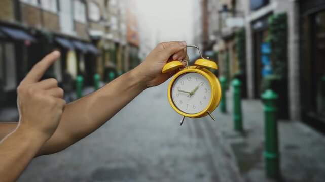 Man holding yellow clock in hand on city street pointing at time indicating urgency concept in urban outdoor environment with blurred background for modern lifestyle context.
