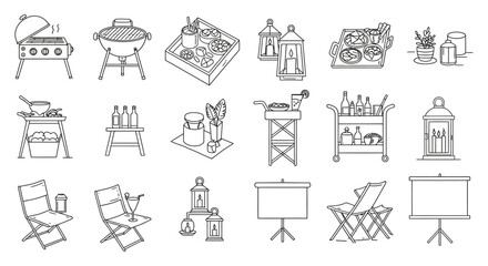 outdoor entertaining line art illustrations bbq grill tables chairs and lanterns for summer parties and backyard gatherings illustrating outdoor living