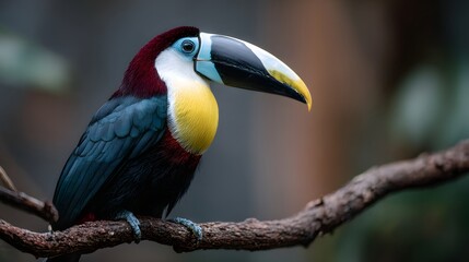 Obraz premium Colorful toucan perched on a branch in a natural environment.