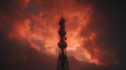 Silhouetted telecommunications tower against a dramatic red sky.