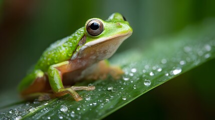 Naklejka premium Green frog with large eyes sits on a dewy leaf.
