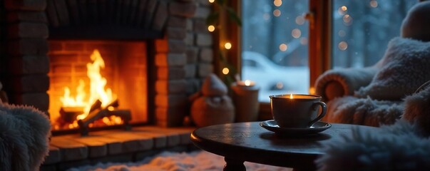 Cozy Winter Fireplace Scene Warm Glow, Plush Sofa, Steaming Mug, Hygge Relaxation
